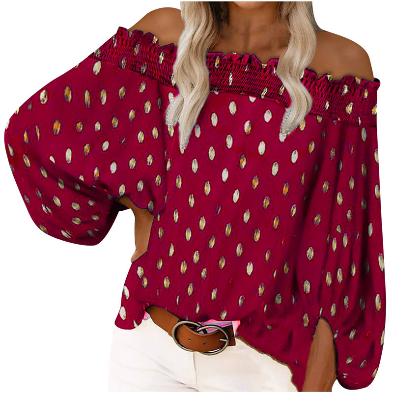 Polka Dot Pullover Lantern Sleeve Chiffon Collar Shirt