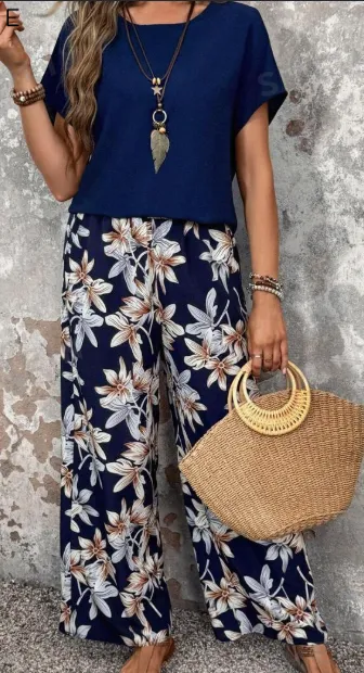 Women Solid Color Round Neck Short Sleeve Top And Flower Print Wide Leg Pants Set For Summer Two Piece Outfits - Blue