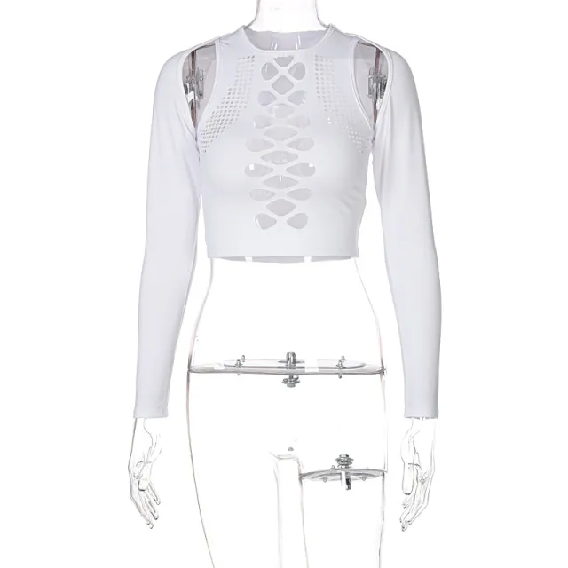 Long sleeved Off the shoulder Round neck Cutout Crop Top White - Shop at LoveMi