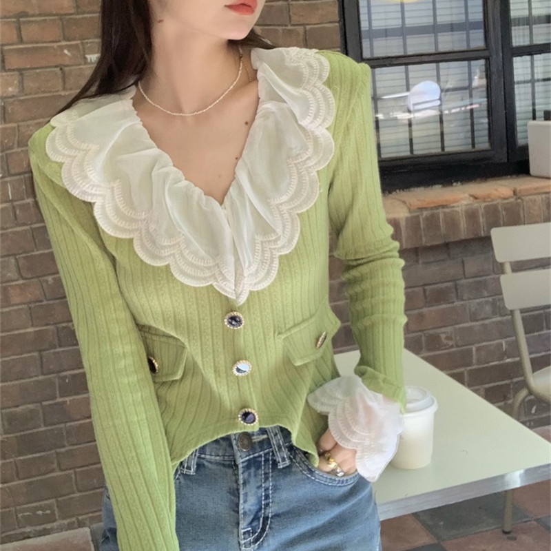 Women's Solid V-Neck Ruffle Long Sleeve Top