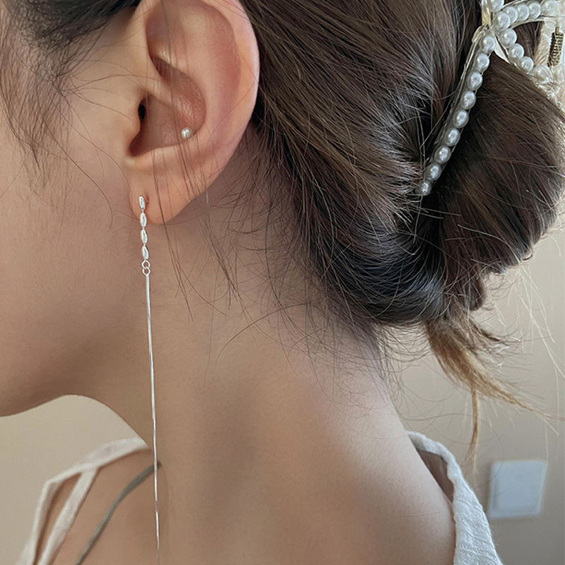 Title 5, Round Bead Long Tassel Earrings