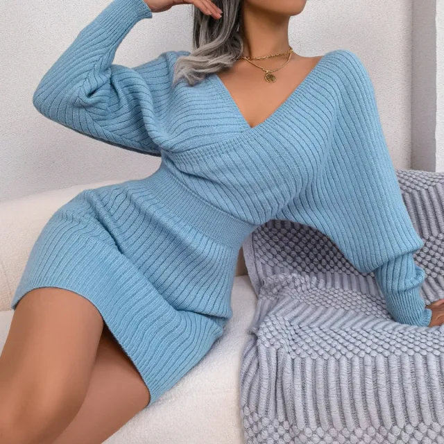 Autumn Winter Sexy Cross V neck Bat Skirt With Hip Wrapping, Hairy Dress Blue - Shop at LoveMi