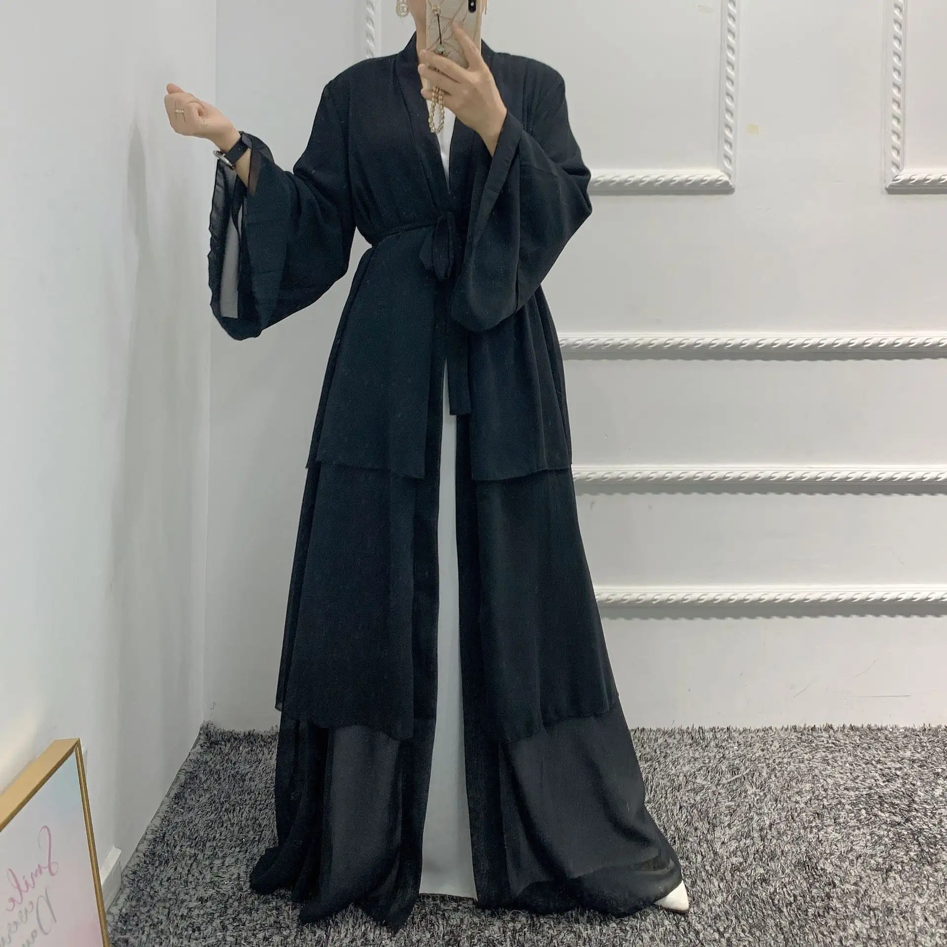 Ankle Length Three Layer Pearl Chiffon Flowy Dress Robe