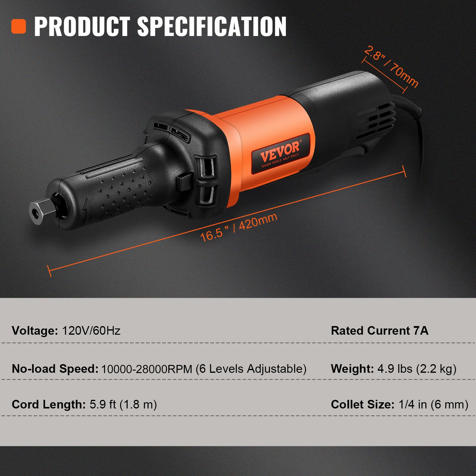 VEVOR Die Grinder, Collet Variable Speed10000-28000RPM, Heavy Duty Electric, Erg