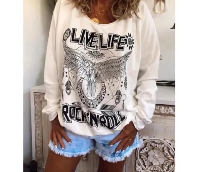 Fashion Casual Round Neck Letter Wings Long Sleeve Printed T Shirt White - Shop at LoveMi