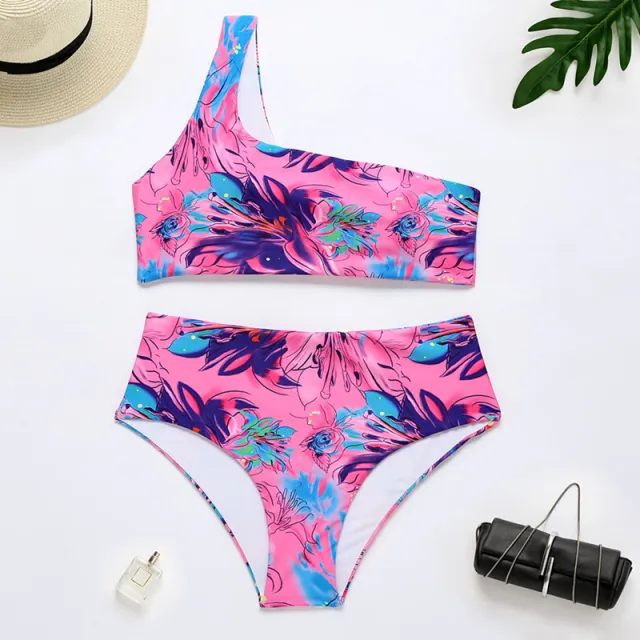 Tie Dye Colorful One Shoulder Bikini Ladies Split Swimsuit Pink - Shop at LoveMi