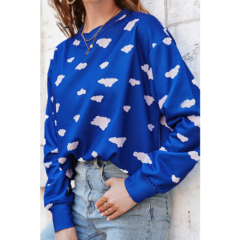 Title 5, Printed Round Neck Long Sleeve Fashion Blue Wom...