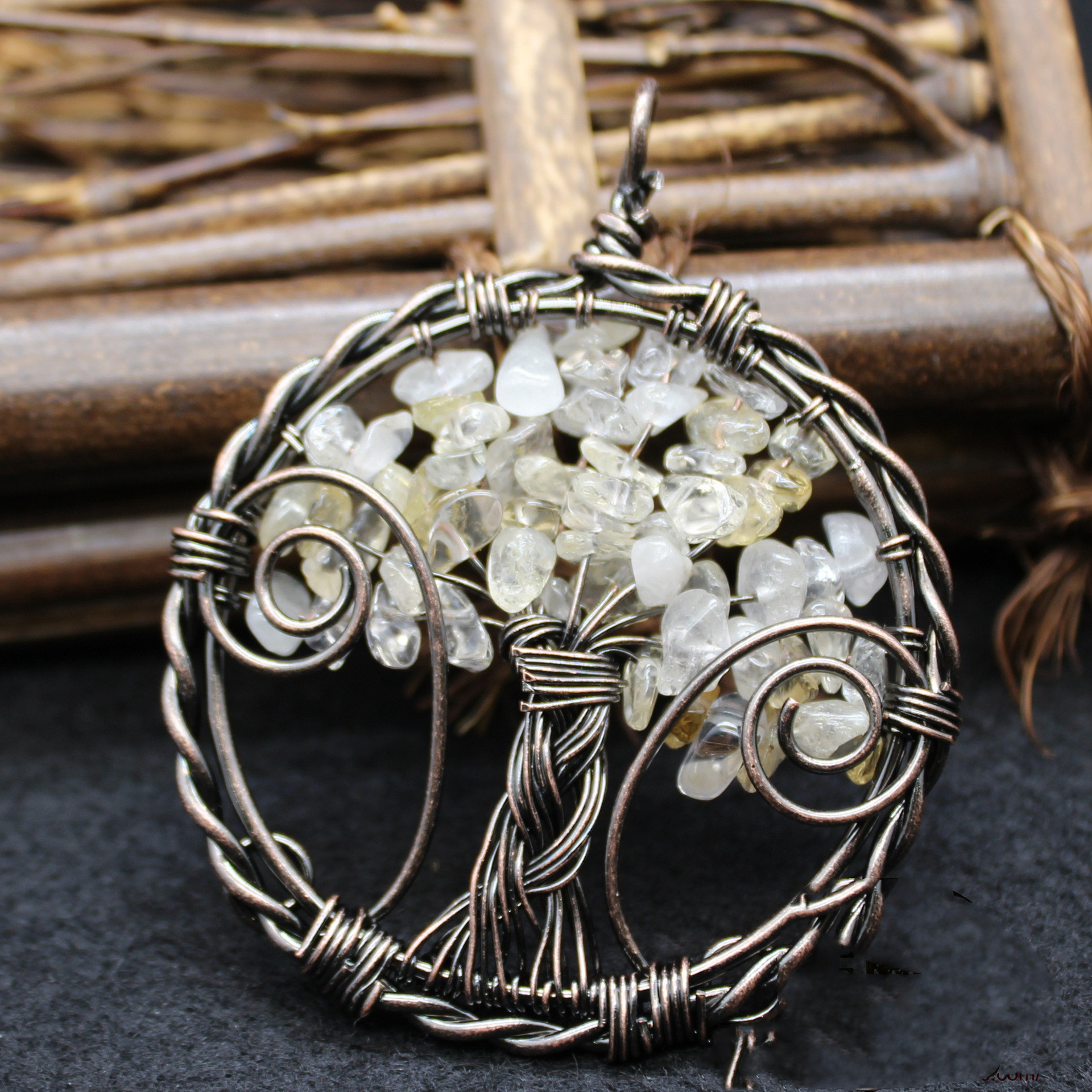 Vintage Personality Tree Of Life White Crystal Gravel Pendant Necklace