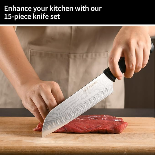 Damascus Pattern 15-Piece Kitchen Knife Set With Block, High Carbon Steel Chef Knife, Includes Sharpener And Scissors, Ergonomic Black Anti-Slip Handle And Red Trim, Perfect For Professionals 6