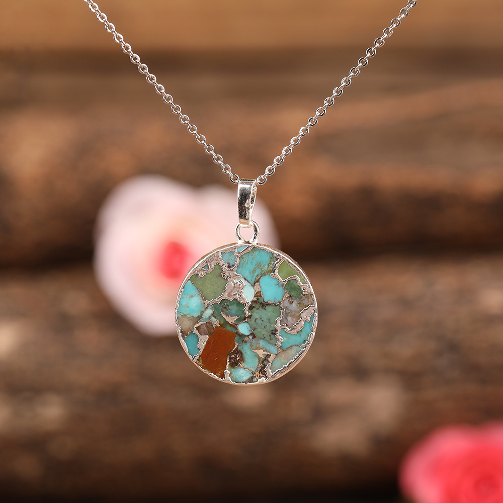 Natural Gold Thread Turquoise Inlaid Moon Pendant Gold Tennis Chain
