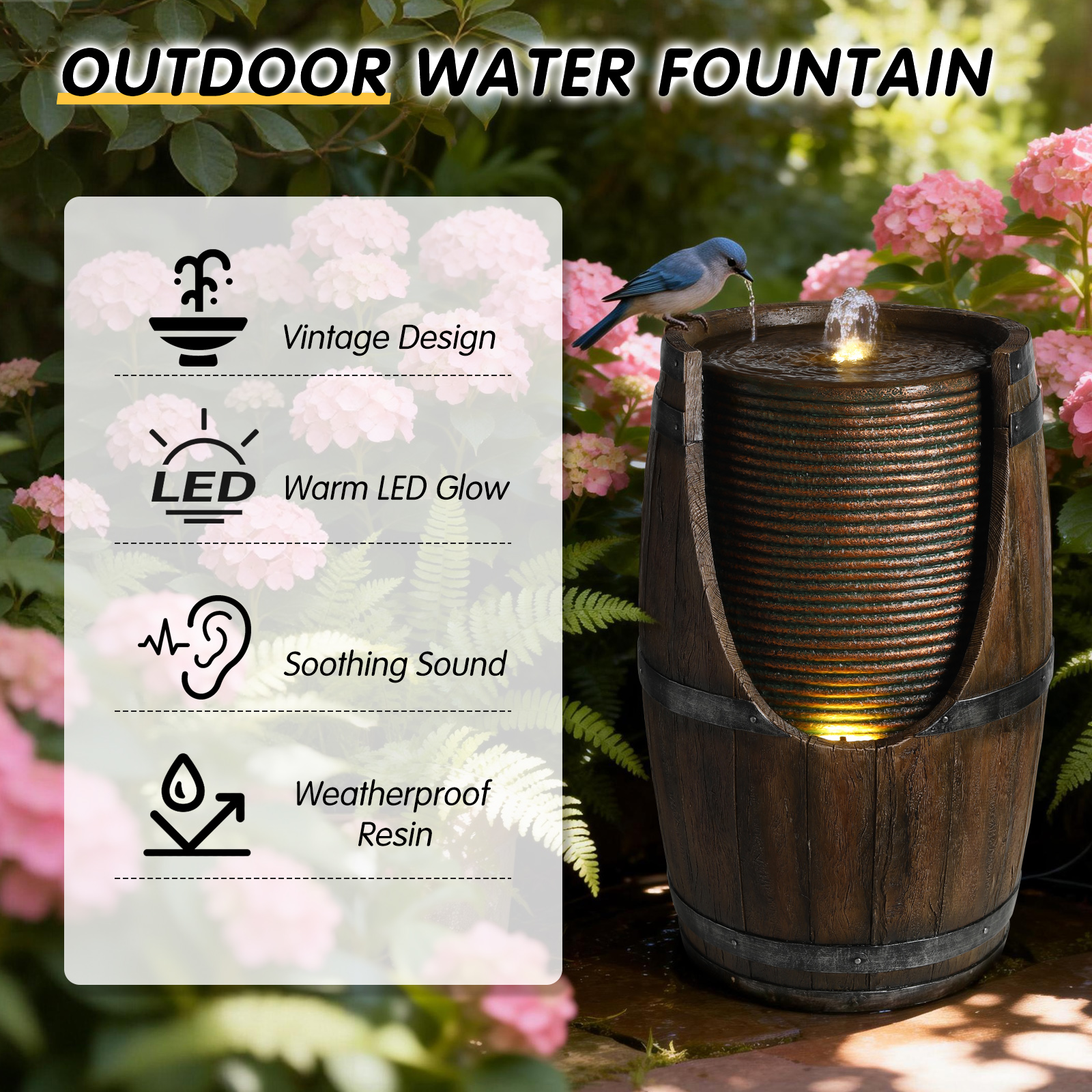 Outdoor Barrel Water Fountain With Lights Rustic Wood Look Resin Handmade Waterfall Garden Decor For Patio Yard Porch — foto 5