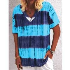 Women's Summer V-Neck Tie-Dye Printing Short-Sleeved T-Shirt Plus Size Top - Blue - View 1