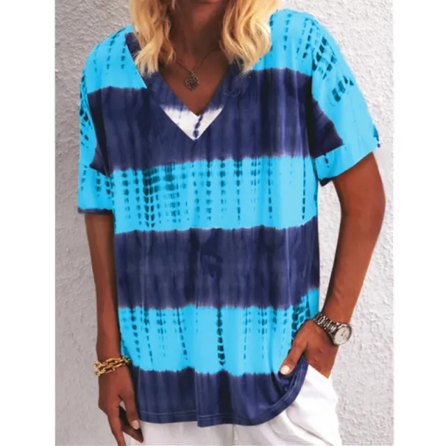 Women's Summer V Neck Tie Dye Printing Short Sleeved T Shirt Plus Size Top Blue - Shop at LoveMi