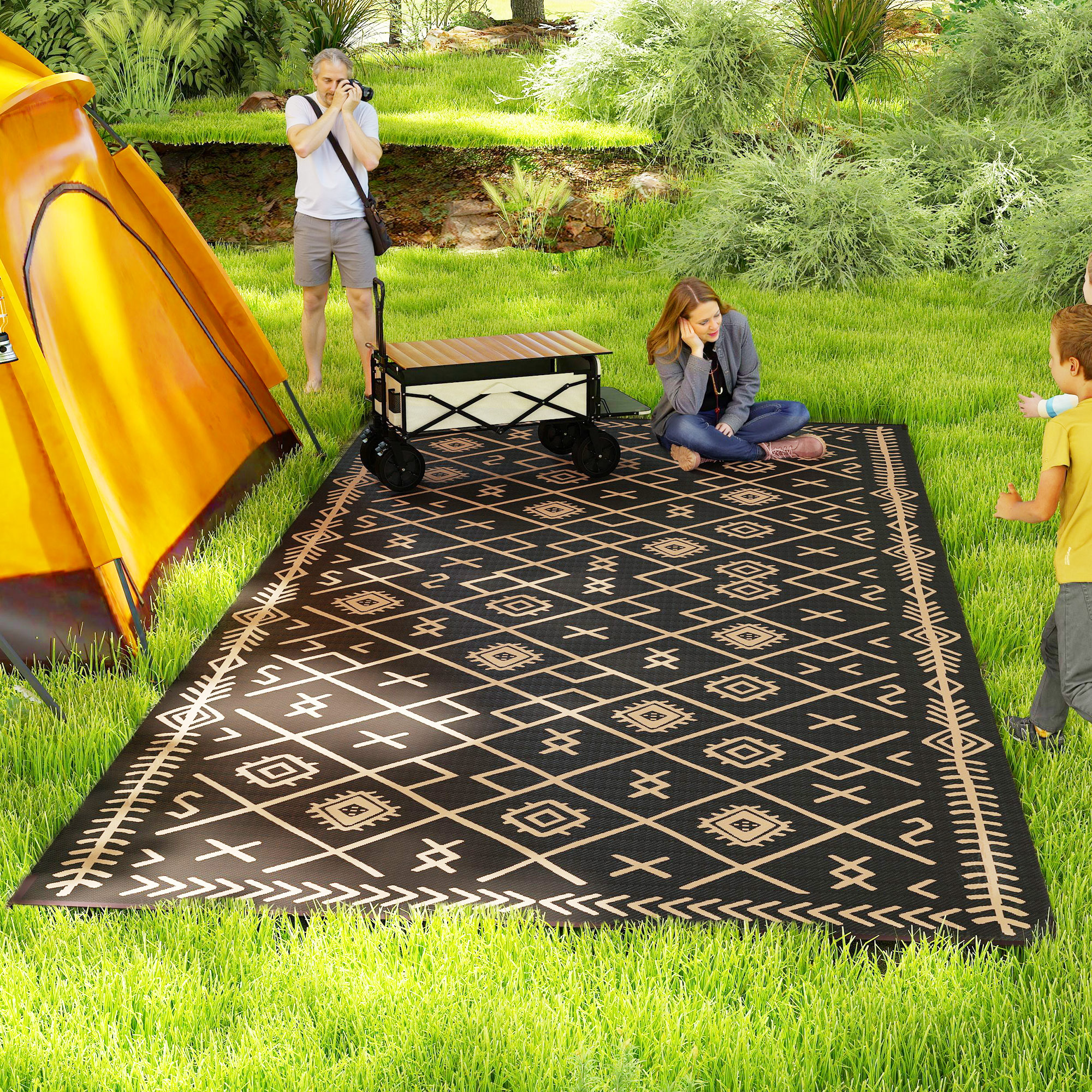 Reversible Outdoor Rug, Waterproof Plastic Straw With Carry Bag, 9 X 18, Black & Brown Rhombus Brown - Shop at LoveMi