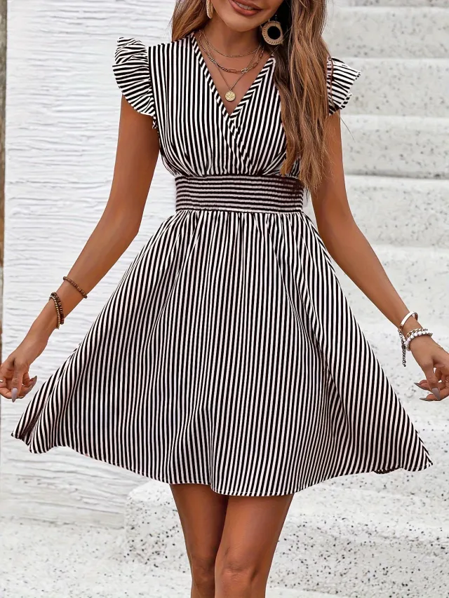 Women's Mini Dress V Neck Flutter Sleeve Striped Smocked Waist A Line Short Summer Dress Black - Shop at LoveMi
