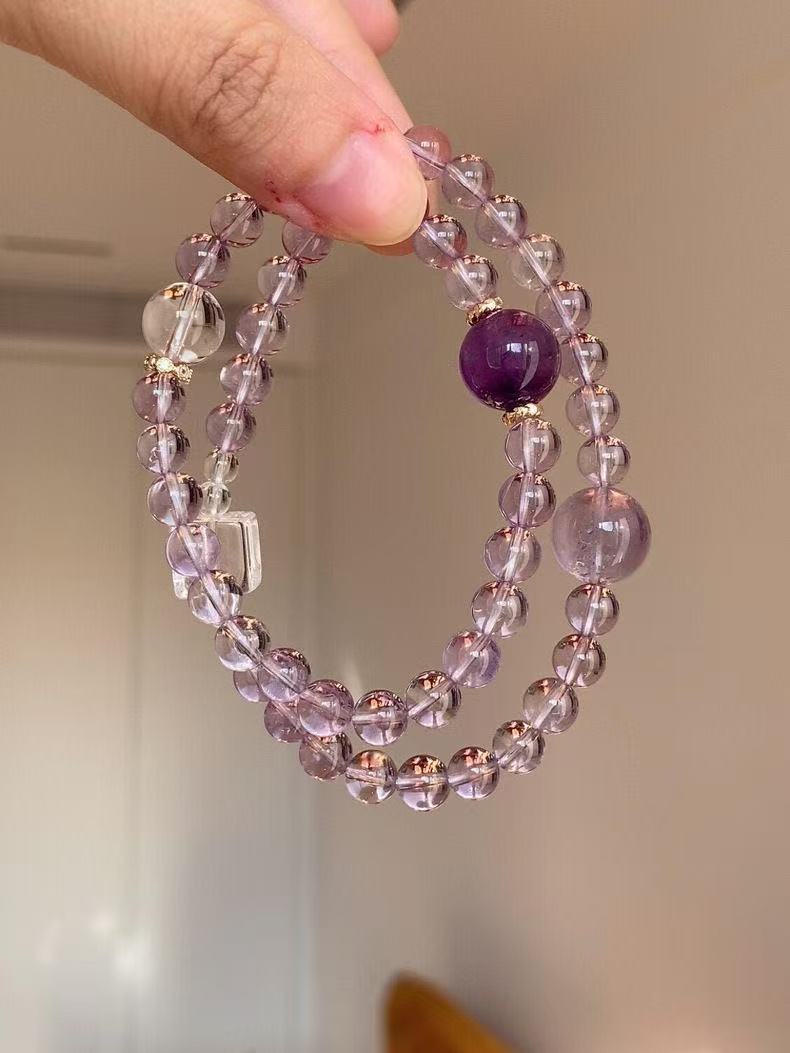 Natural Amethyst  Clear Quartz Bracelet Multi Layer Two-Tone Beaded Chain Energy Jewelry For Women