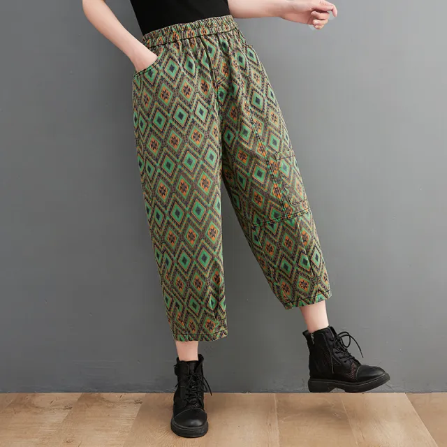Women's Denim Print Casual Cropped Pants Green - Shop at LoveMi