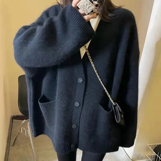 V neck Single Breasted Loose Large Pocket Knitted Cardigan Sweater Coat For Women Black - Shop at LoveMi
