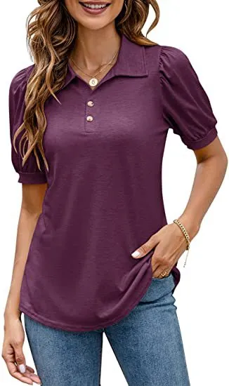 Polo Shirt Button Down Neck Puff Sleeve Loose T Shirt Shirt Purple - Shop at LoveMi