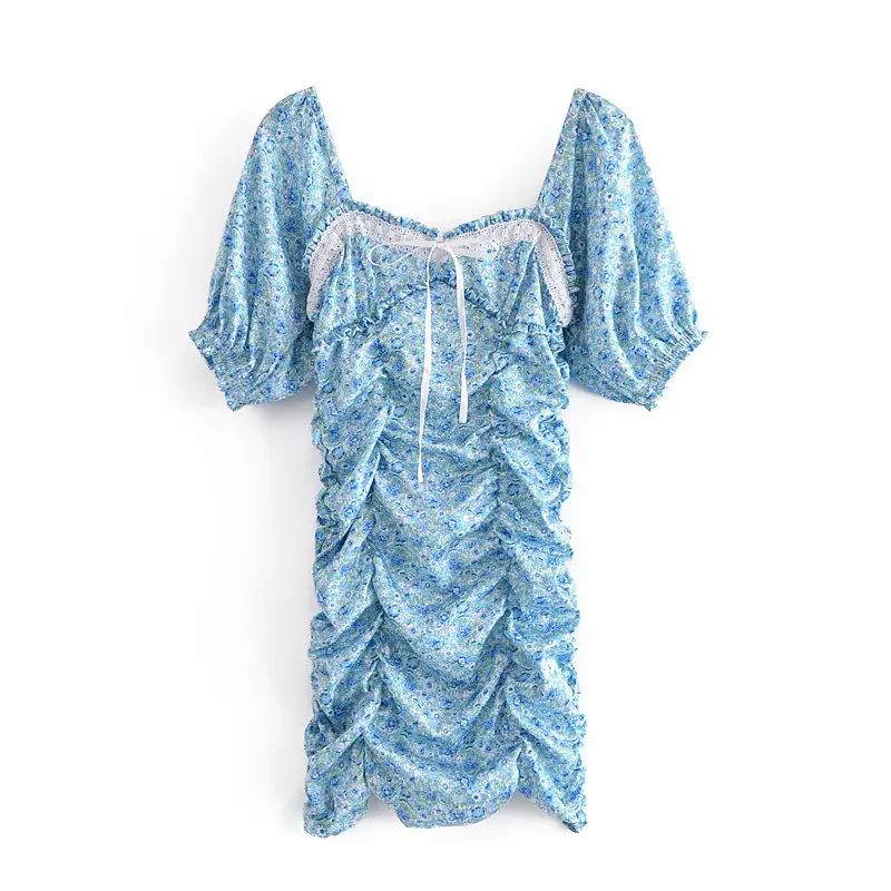 Bow Tie Square Neck Floral Puff Sleeve Dress