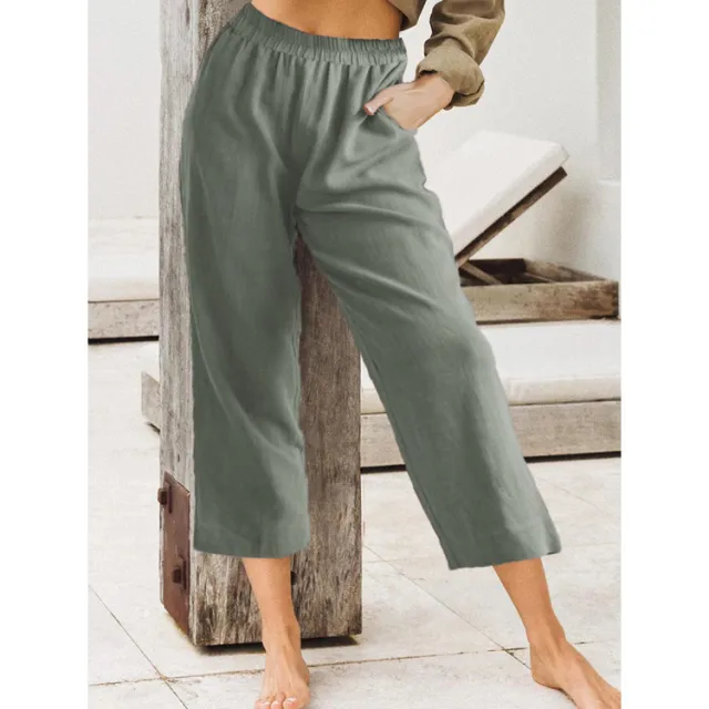 Women's Solid Color Loose Casual Elastic High Waist Cropped Pants Army Green - Shop at LoveMi
