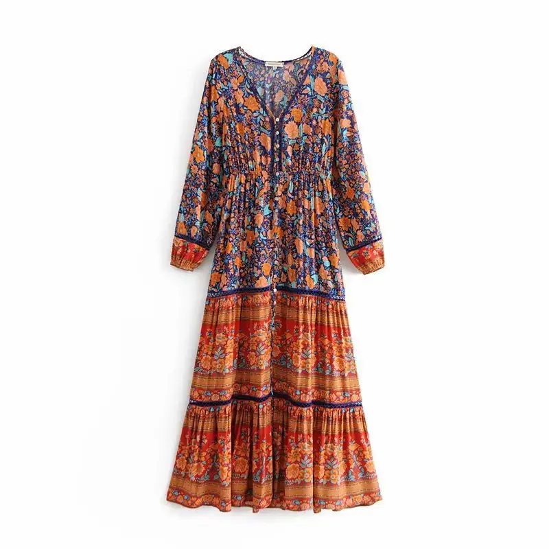 New Cotton Print Women's V-Neck Hollow Long Dress