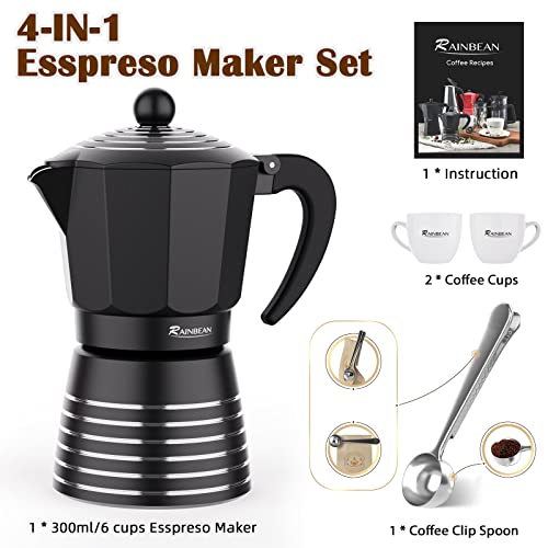 Stovetop Espresso Maker 6 Cup 300ml Aluminum Moka Pot Gift Set Italian Cuban Greca Coffee Easy To Use & Clean Set Including 2 Cups Spoon Black Perfect Gifts For Coffee Lovers