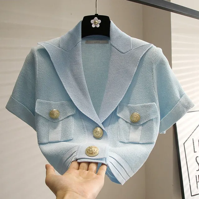 Women's Metal Button Lapel Short Sleeve Ice Silk Knitted Sweater Blue - Shop at LoveMi