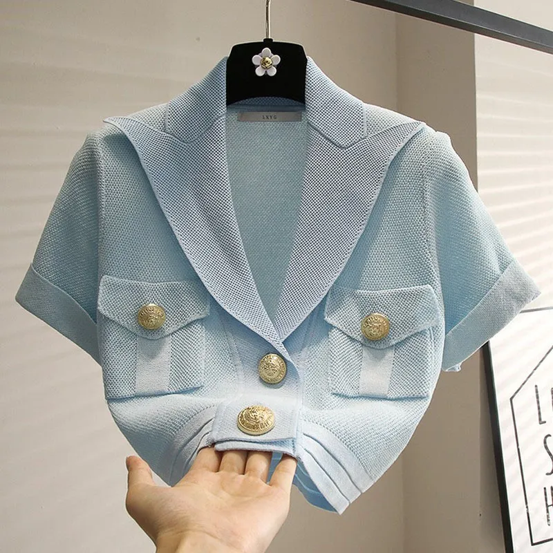 Women's Metal Button Lapel Short Sleeve Ice Silk Knitted Sweater - Blue