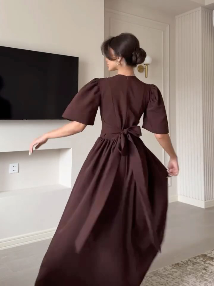 Brown Puff Sleeve Strappy Swing Dress