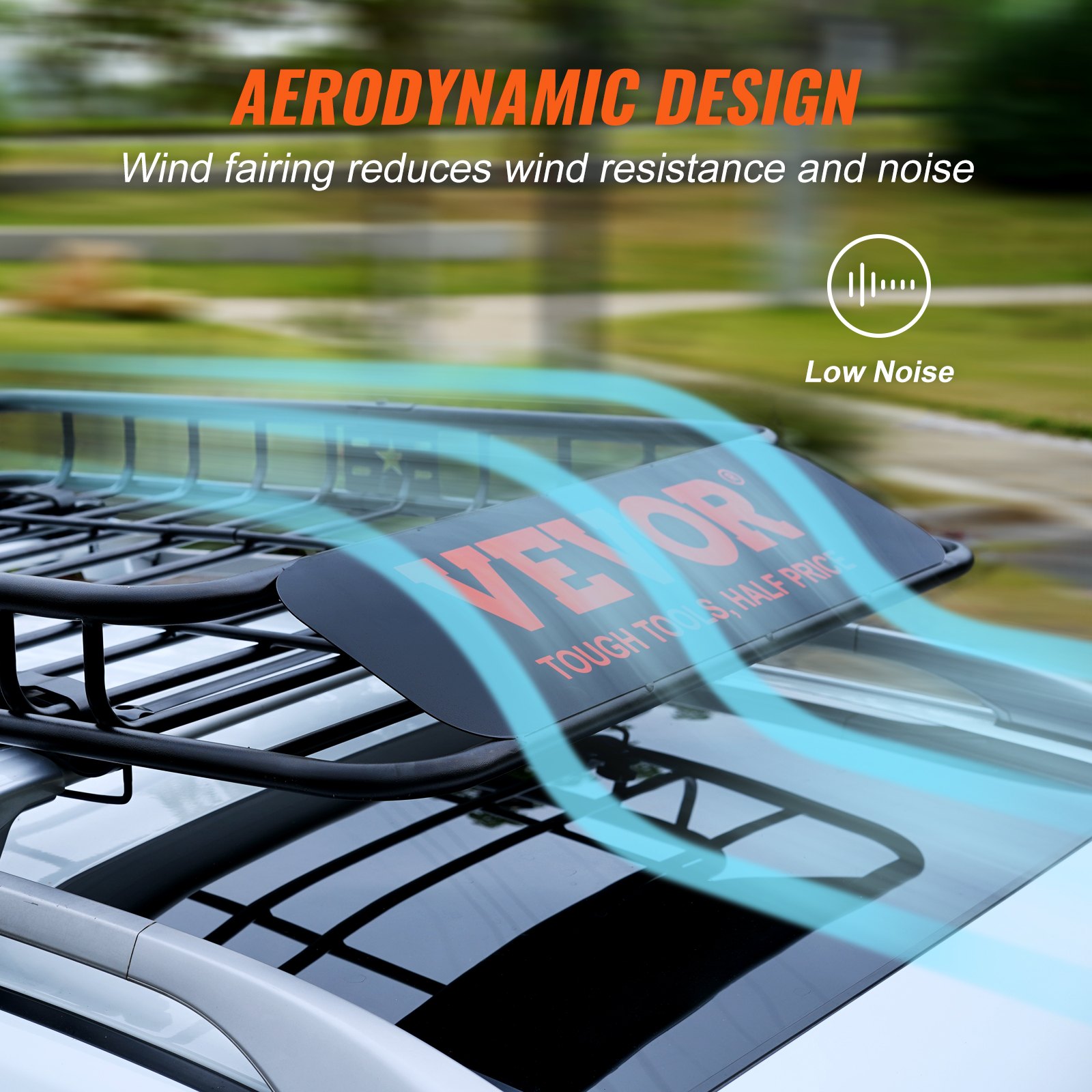 VEVOR black powder-coat roof cargo basket side view showing 4.5-inch raised rails