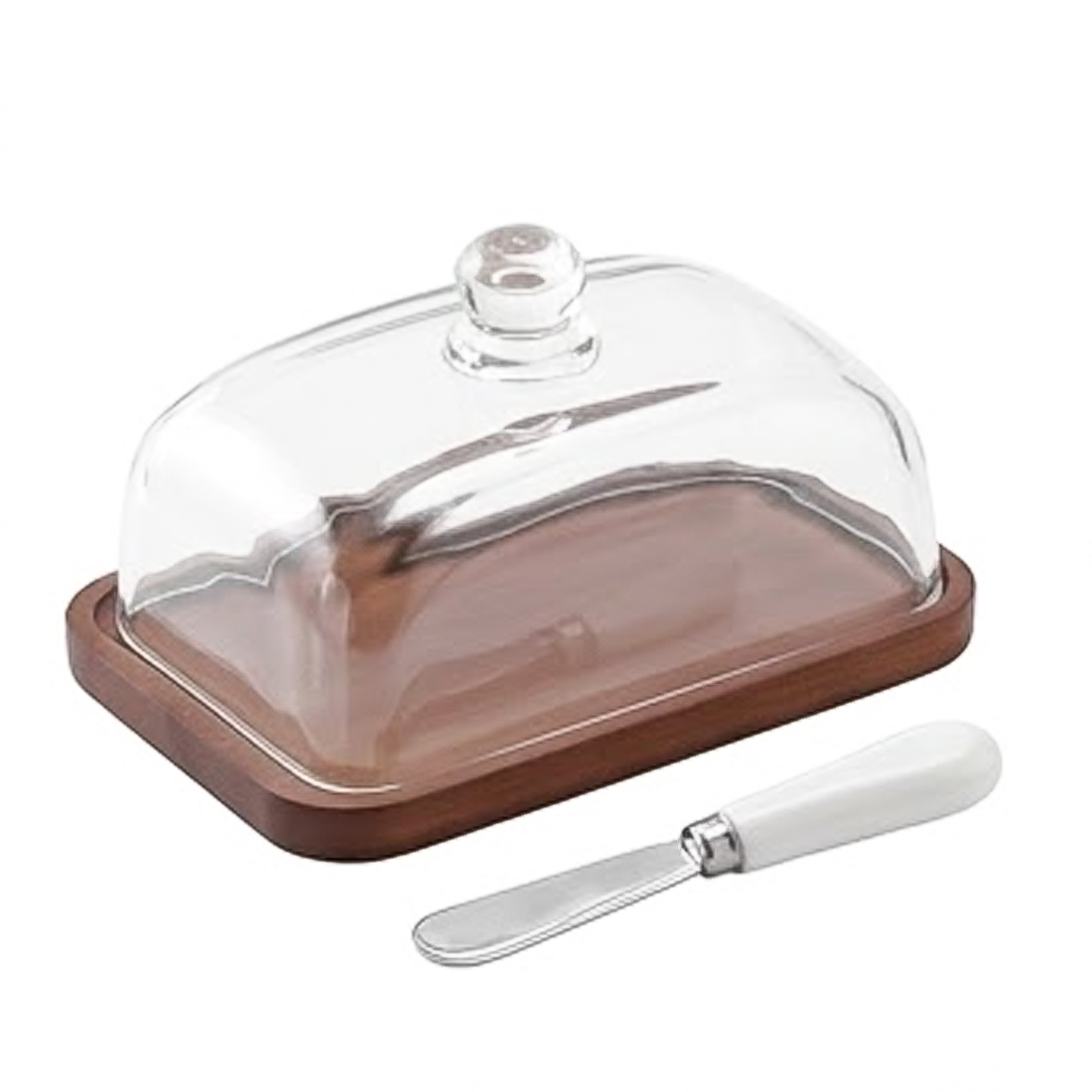 NEW Glass Butter Dish With Lid & Bamboo Base Tray Vintage Acacia Wood UK — image 4