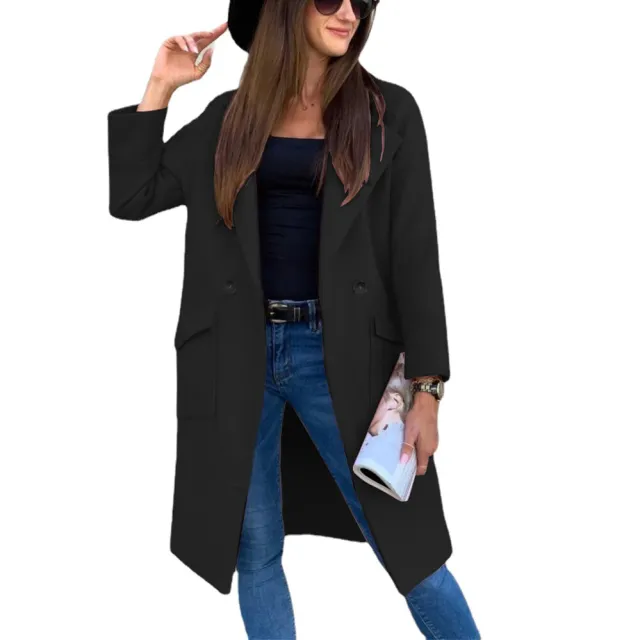 Autumn And Winter Solid Color Long sleeved Suit Collar Button Pocket Wool Coat Black - Shop at LoveMi