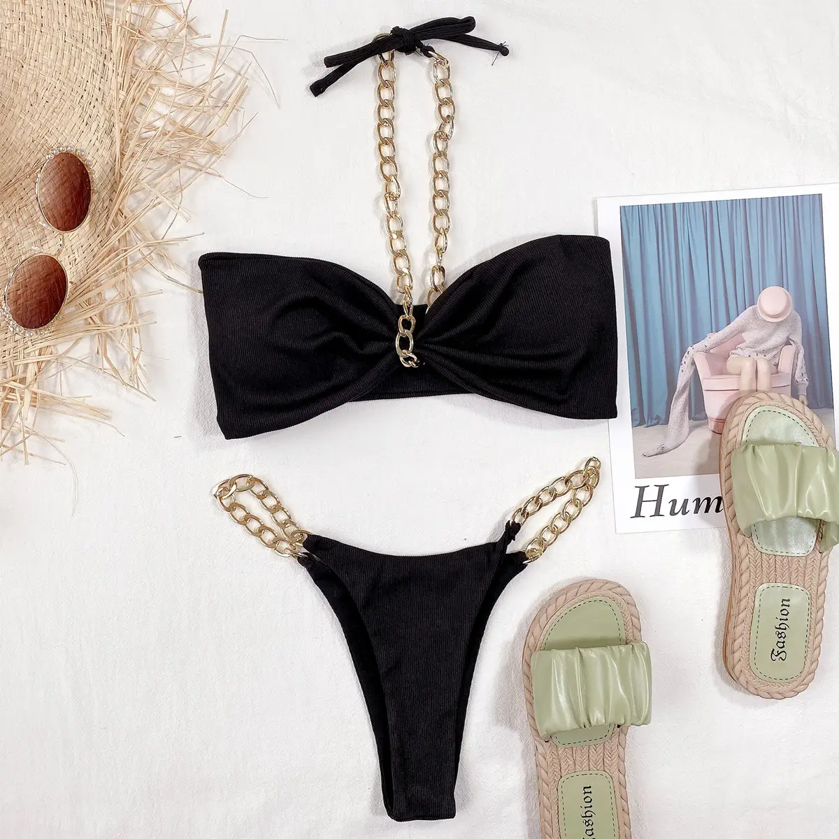 Women's Seperated Swimwear Solid Color Chain Bikini
