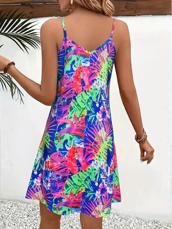Women's Tropical Print V-Neck Cami Dress - Perfect For Spring Summer, Machine Washable