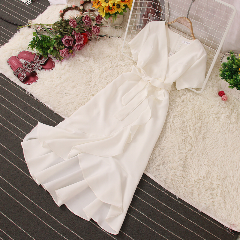 Women's Fashion Vintage Solid Color Short-sleeved High-waisted Dress