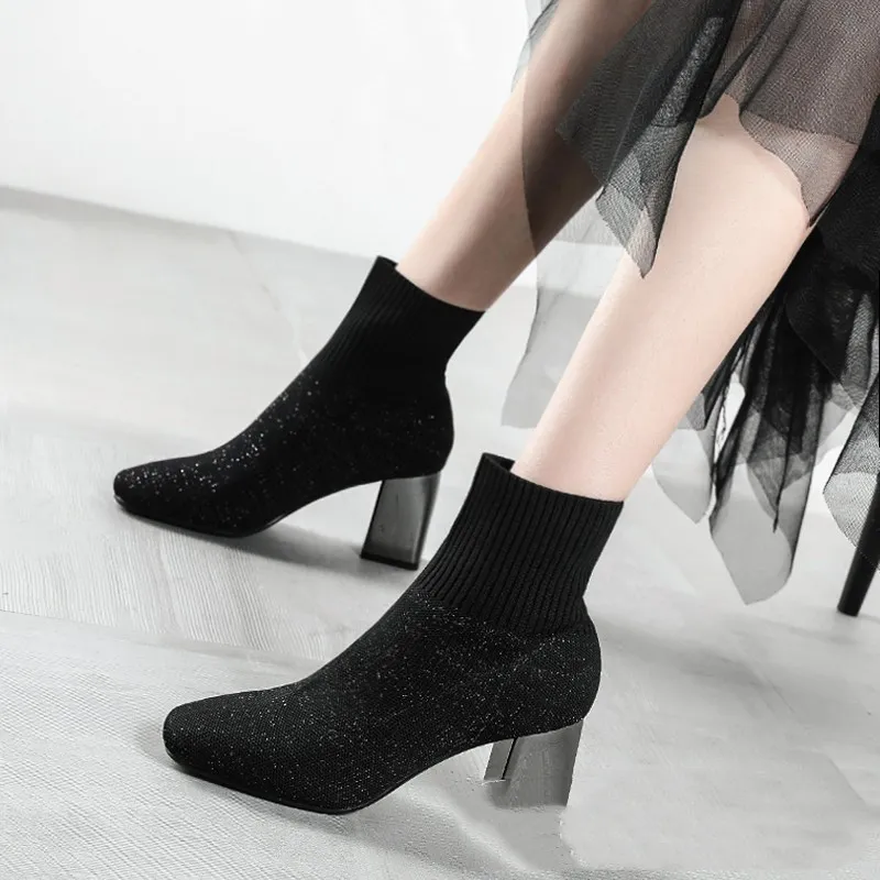 New Style Knitted Stretch Thin Boots Fashion Electroplated Thick Heel Ankle Boots - Black