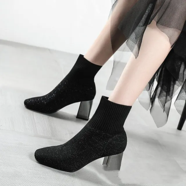 New Style Knitted Stretch Thin Boots Fashion Electroplated Thick Heel Ankle Boots Black - Shop at LoveMi