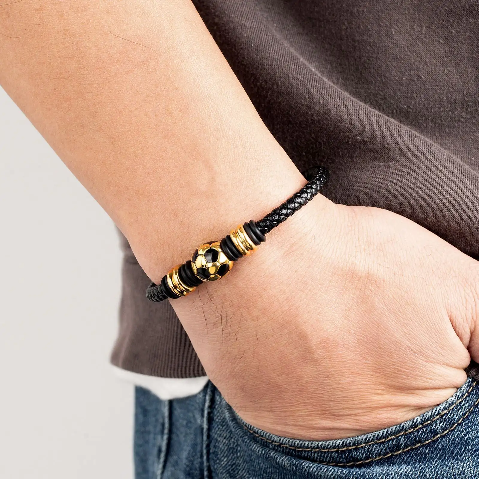 Popular Men's Stainless Steel Leather Football Woven Leather String Bracelet