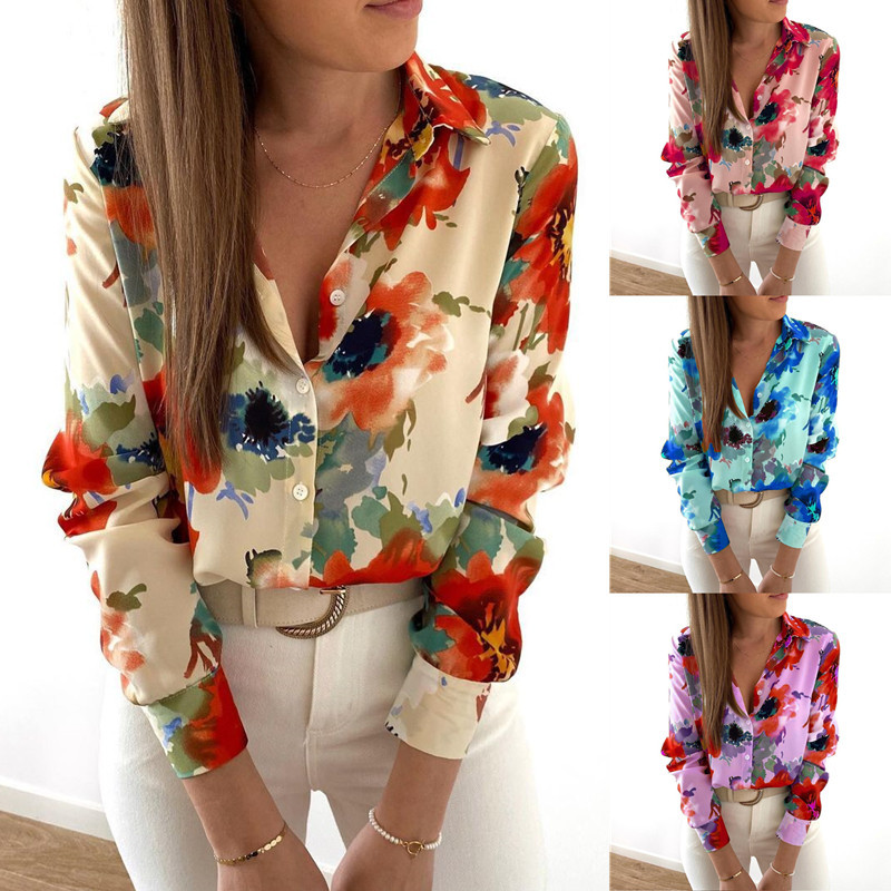 Loose Lapel Printed Long-sleeve Shirt