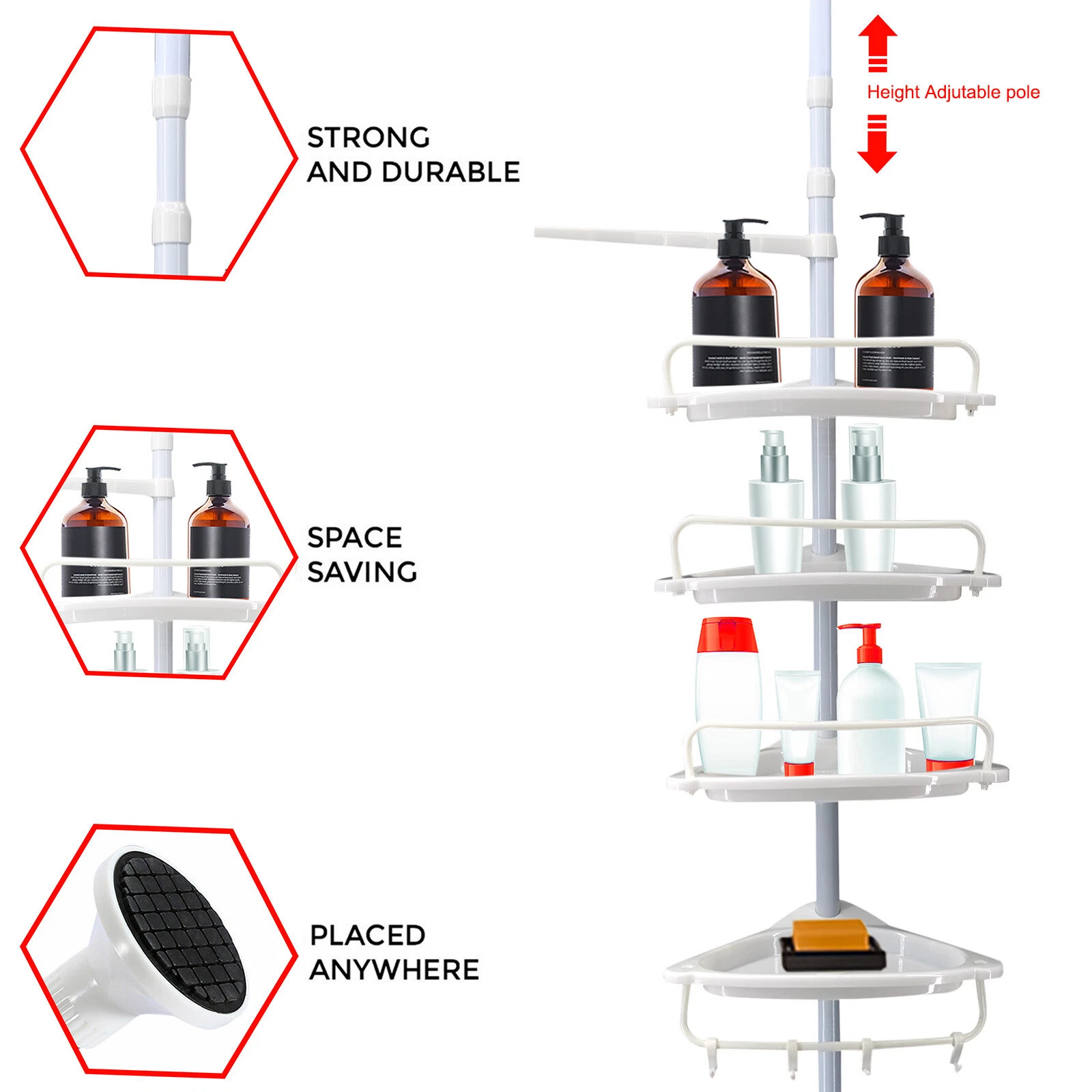 4 tier telescopic bathroom wall corner shelf rack shower