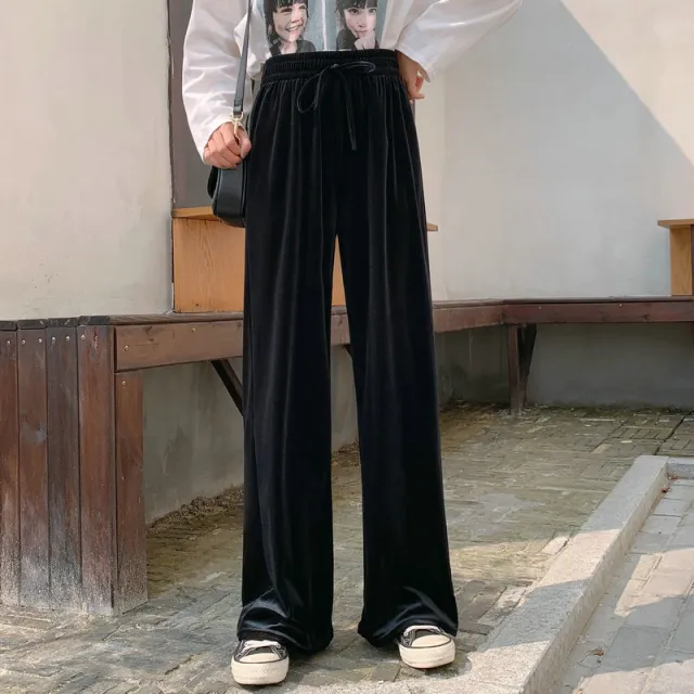 Gold Velvet Drape Wide leg Pants Lengthened Mopping Leisure Black - Shop at LoveMi