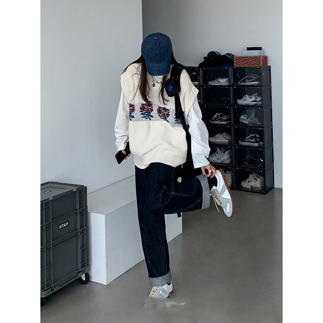 Suit Women's Retro Chic Sweater Knitted Vest Straight Leg Wide Leg Jeans Three-piece Tide