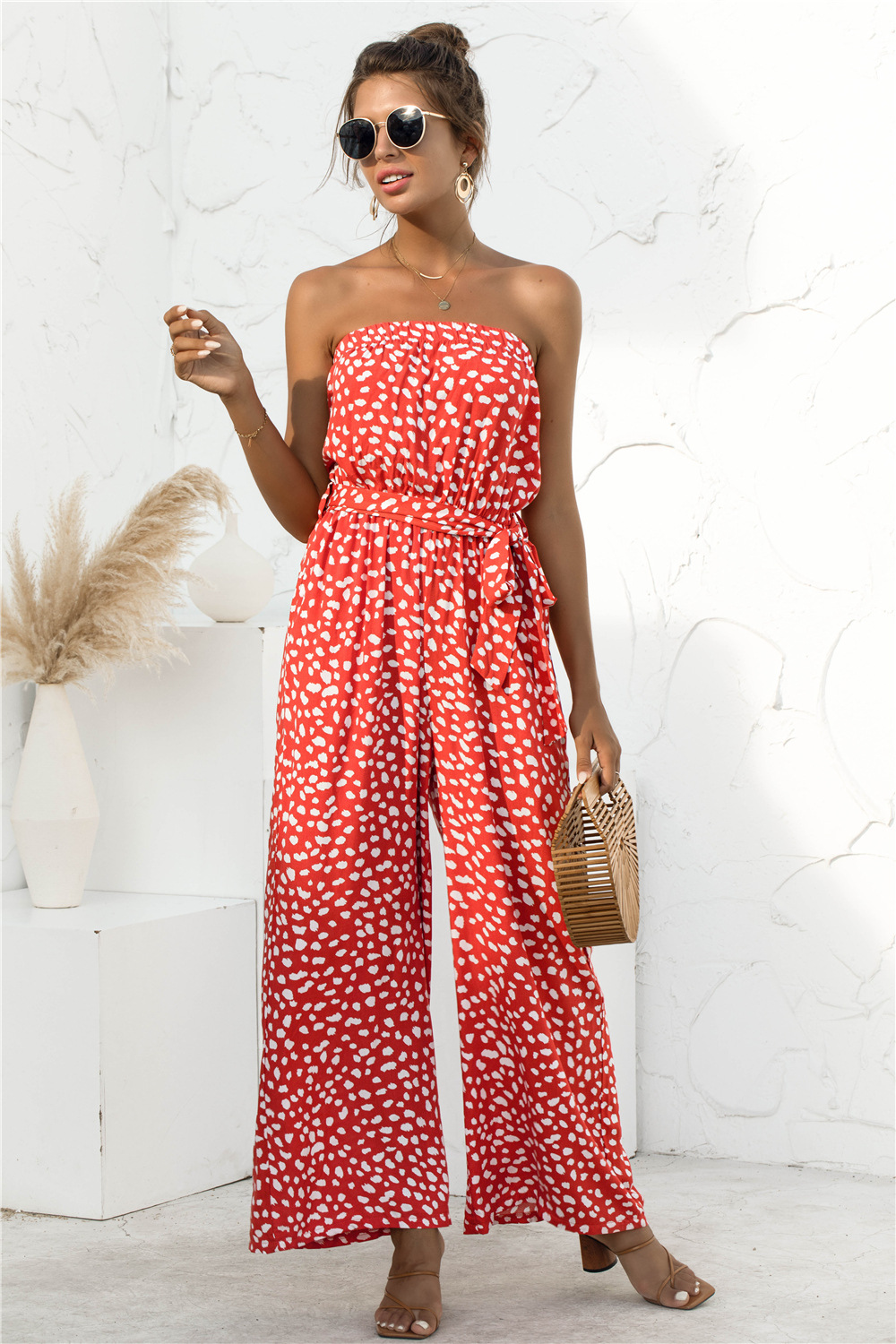 Title 5, Heart-shaped Dot Print Lace-up Wide-leg Jumpsuit