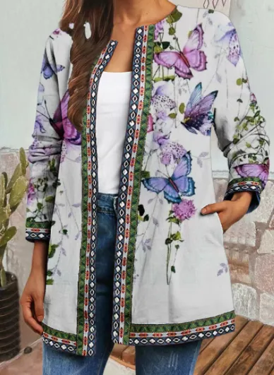 Vintage Ethnic Print Long Sleeve Jacket Cardigan White - Shop at LoveMi