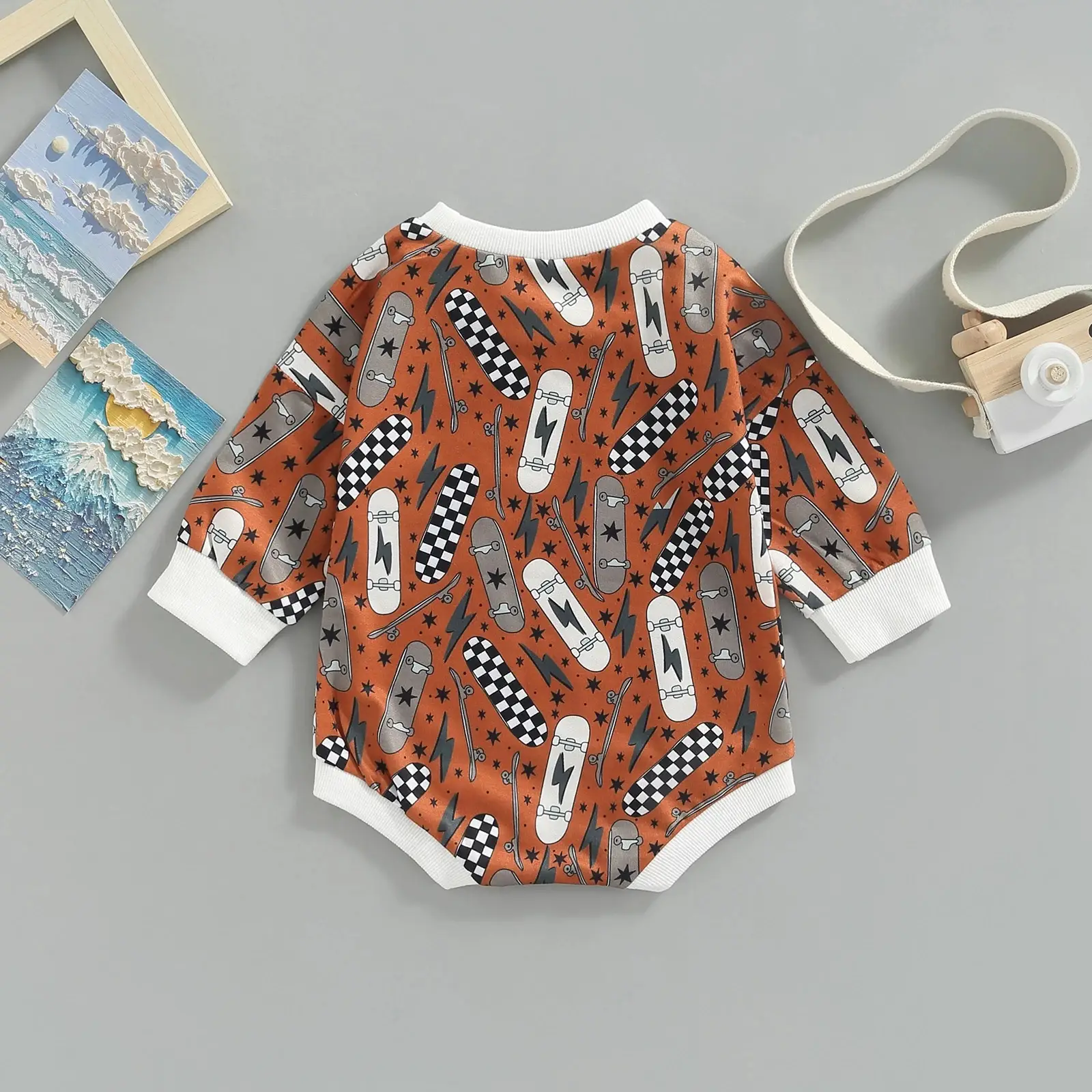 Baby Emerald Brown Skateboard Printed Romper