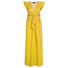 Women's Short Sleeve Tie Print Polka Dot Dress - Yellow - View 1
