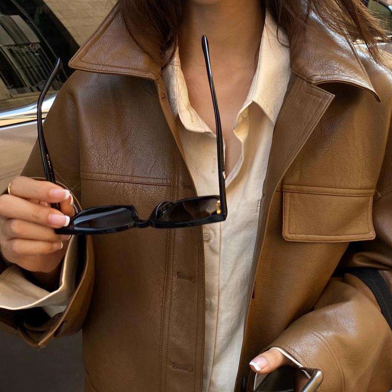 New Style Loose Lapel Pocket Leather Jacket Women's