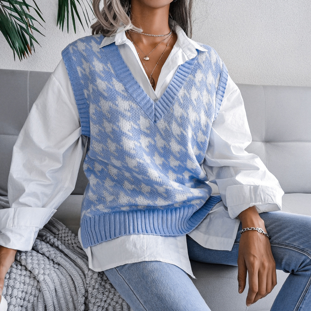 V-neck Houndstooth Casual Loose Knit Vest Sweater Vest