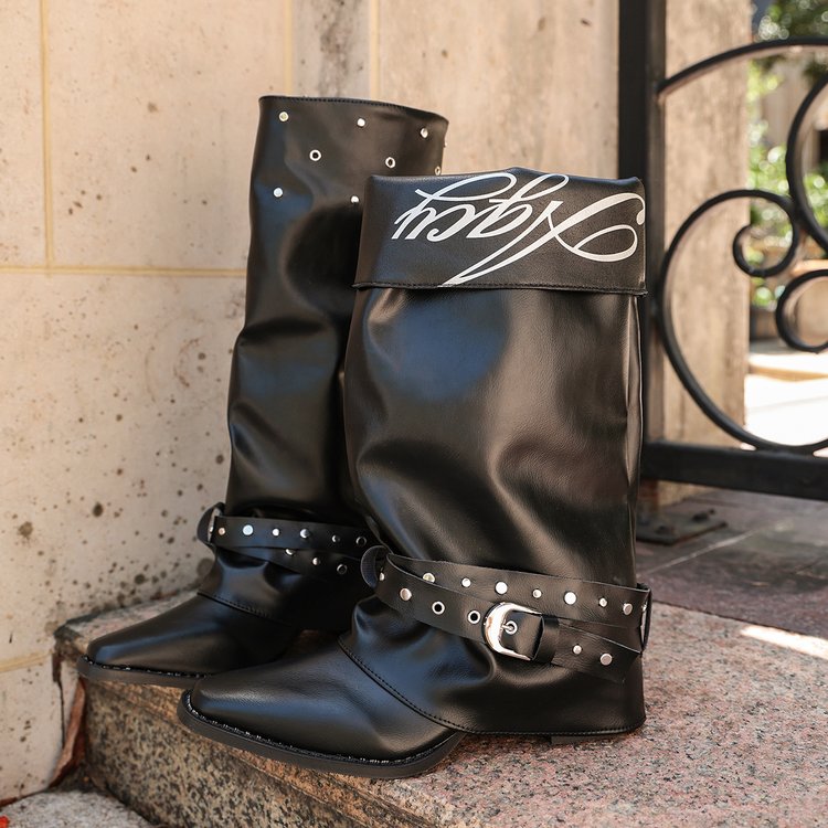 New Retro Pointed Toe Rivet Slouch Boots, Dark Aesthetic Black Block Heel Stacked Boots With Metal Buckle For Women